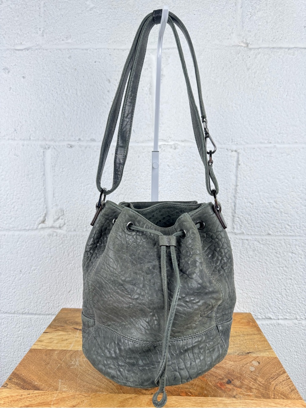 Gerard Darel Gray Lamb Leather Bucket Bag Shoulder Crossbody Distressed Boho